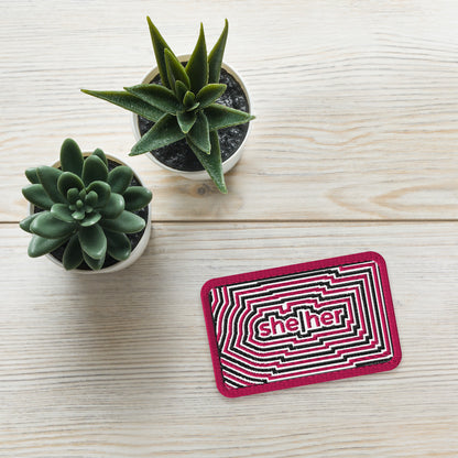 SheHer Pronoun Embroidered Patch Spinsterly Co LGBTQIA accessory in twill with geometric stitched design