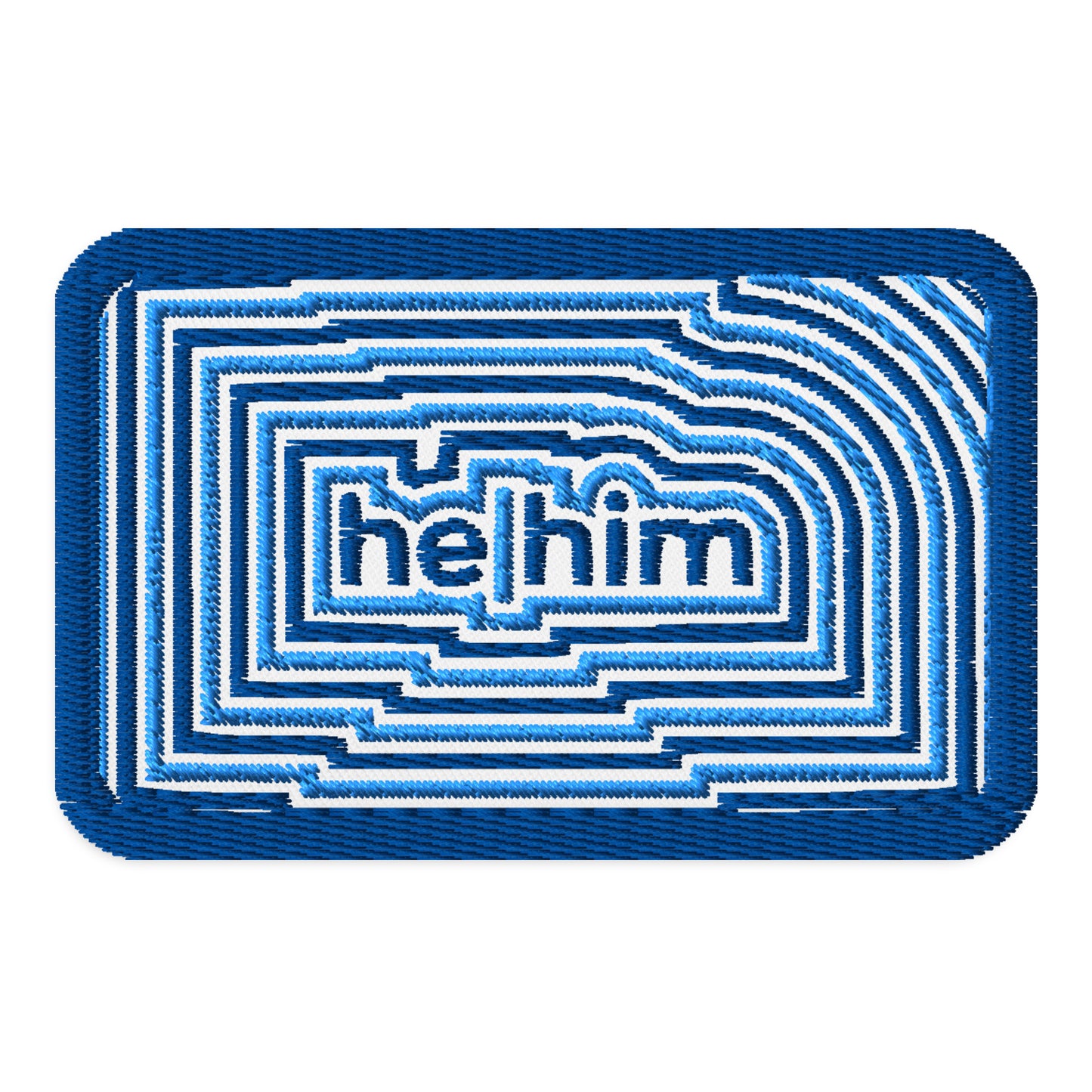 HeHim Pronoun Embroidered Patch by Spinsterly Co, blue and white twill with bold geometric design