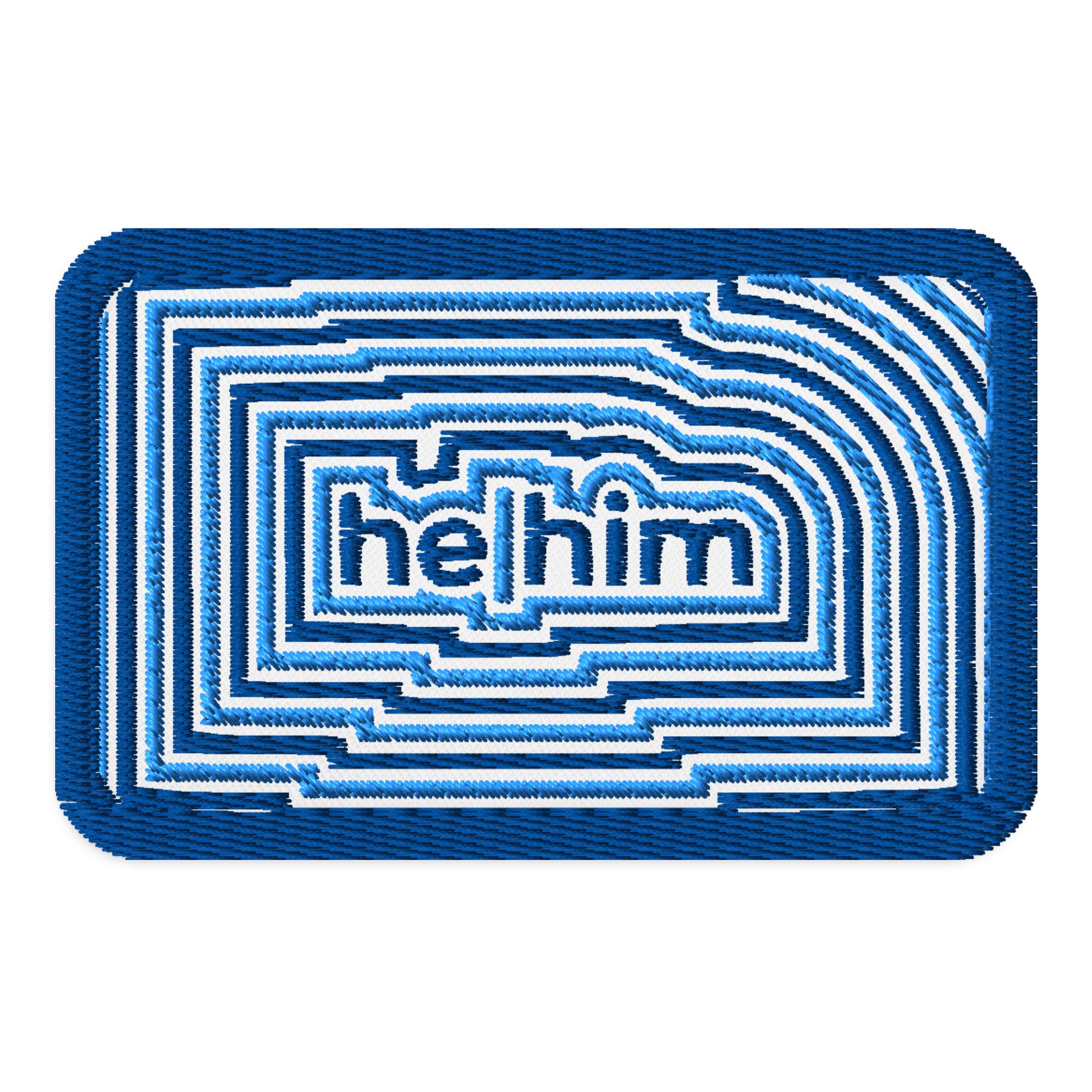HeHim Pronoun Embroidered Patch by Spinsterly Co, blue and white twill with bold geometric design
