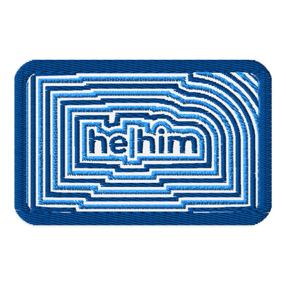 HeHim Pronoun Embroidered Patch by Spinsterly Co, blue and white twill with bold geometric design