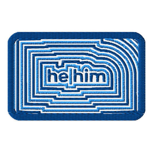 HeHim Pronoun Embroidered Patch by Spinsterly Co, blue and white twill with bold geometric design
