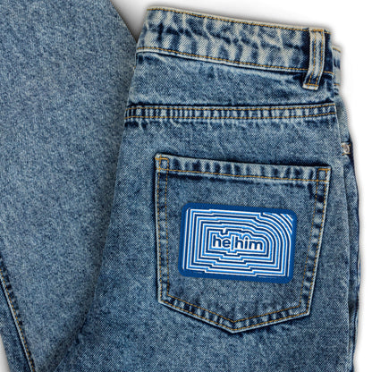 He Him Pronoun Embroidered Patch Spinsterly Co LGBTQIA accessory in blue with bold geometric design
