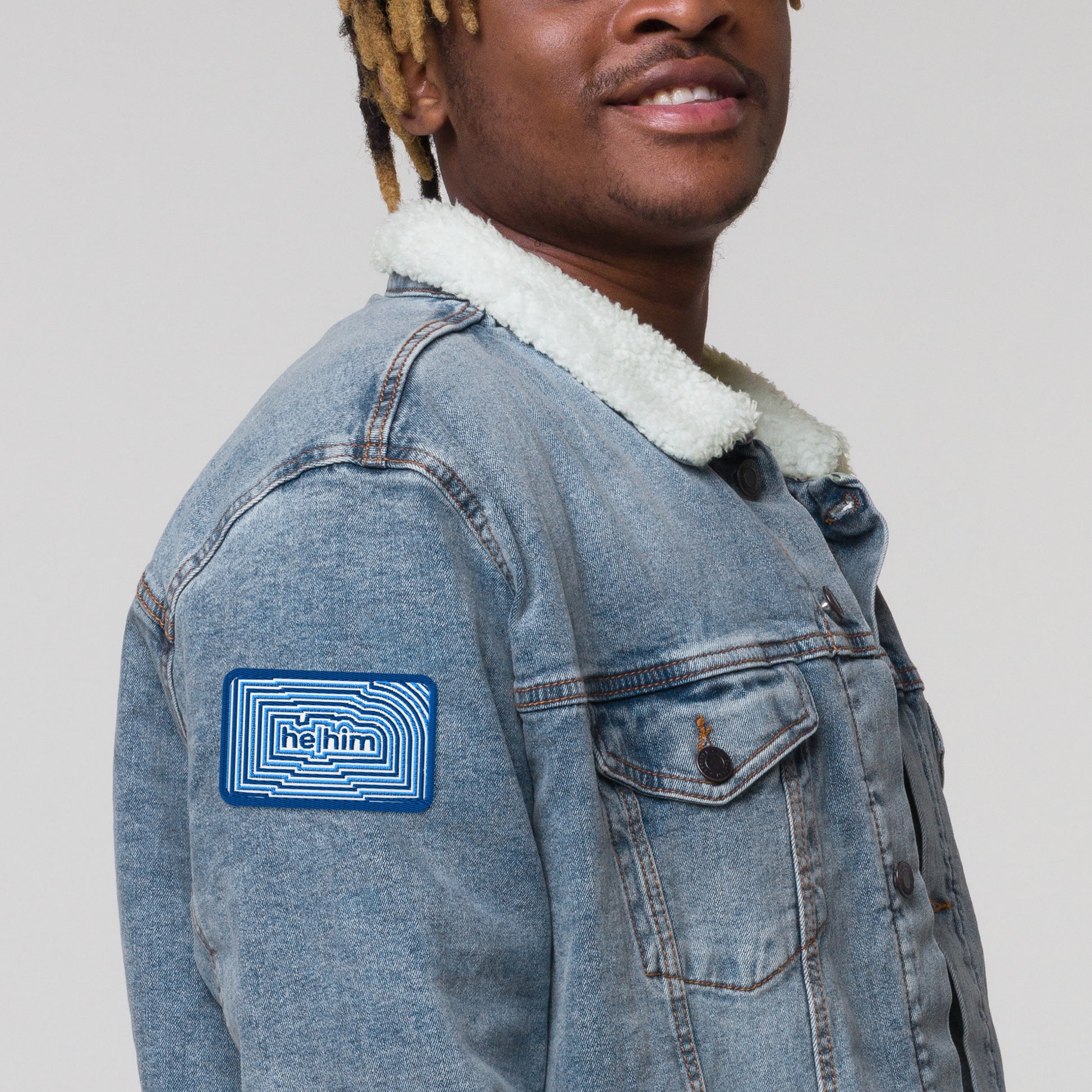 HeHim Pronoun Embroidered Patch by Spinsterly Co, blue geometric twill patch with embroidered he him text