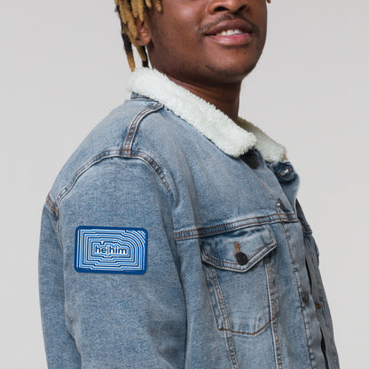 HeHim Pronoun Embroidered Patch by Spinsterly Co, blue geometric twill patch with embroidered he him text