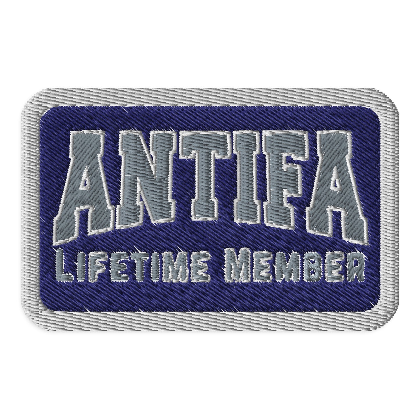 Antifa Lifetime Member Embroidered Iron-On Patch by Spinsterly Co, blue and gray stitched activist patch