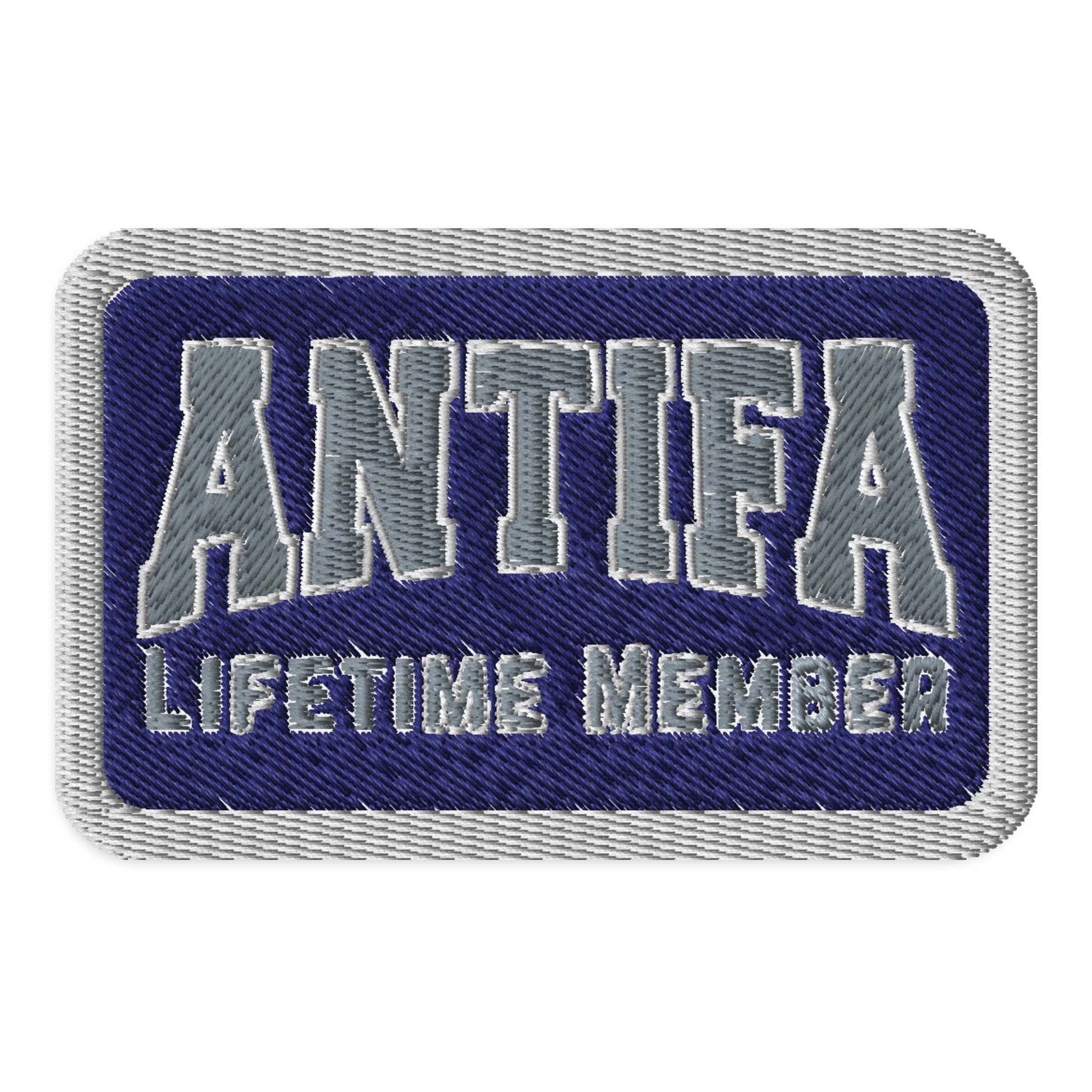 Antifa Lifetime Member Embroidered Iron-On Patch by Spinsterly Co, blue and gray stitched activist patch