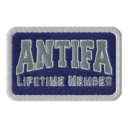 Antifa Lifetime Member Embroidered Iron-On Patch by Spinsterly Co, blue and gray stitched activist patch