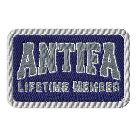 Antifa Lifetime Member Embroidered Iron-On Patch by Spinsterly Co, blue and gray stitched activist patch