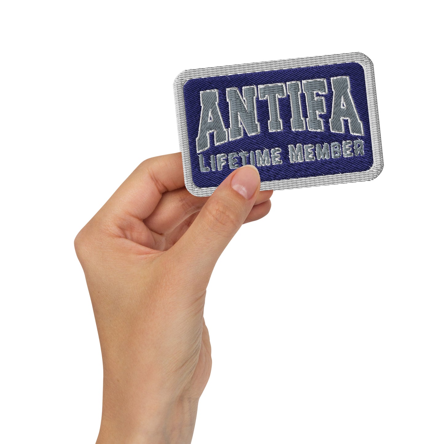 Antifa Lifetime Member Embroidered Iron-On Patch Activist Accessory Spinsterly Co embroidered patch in blue with iron-on backing