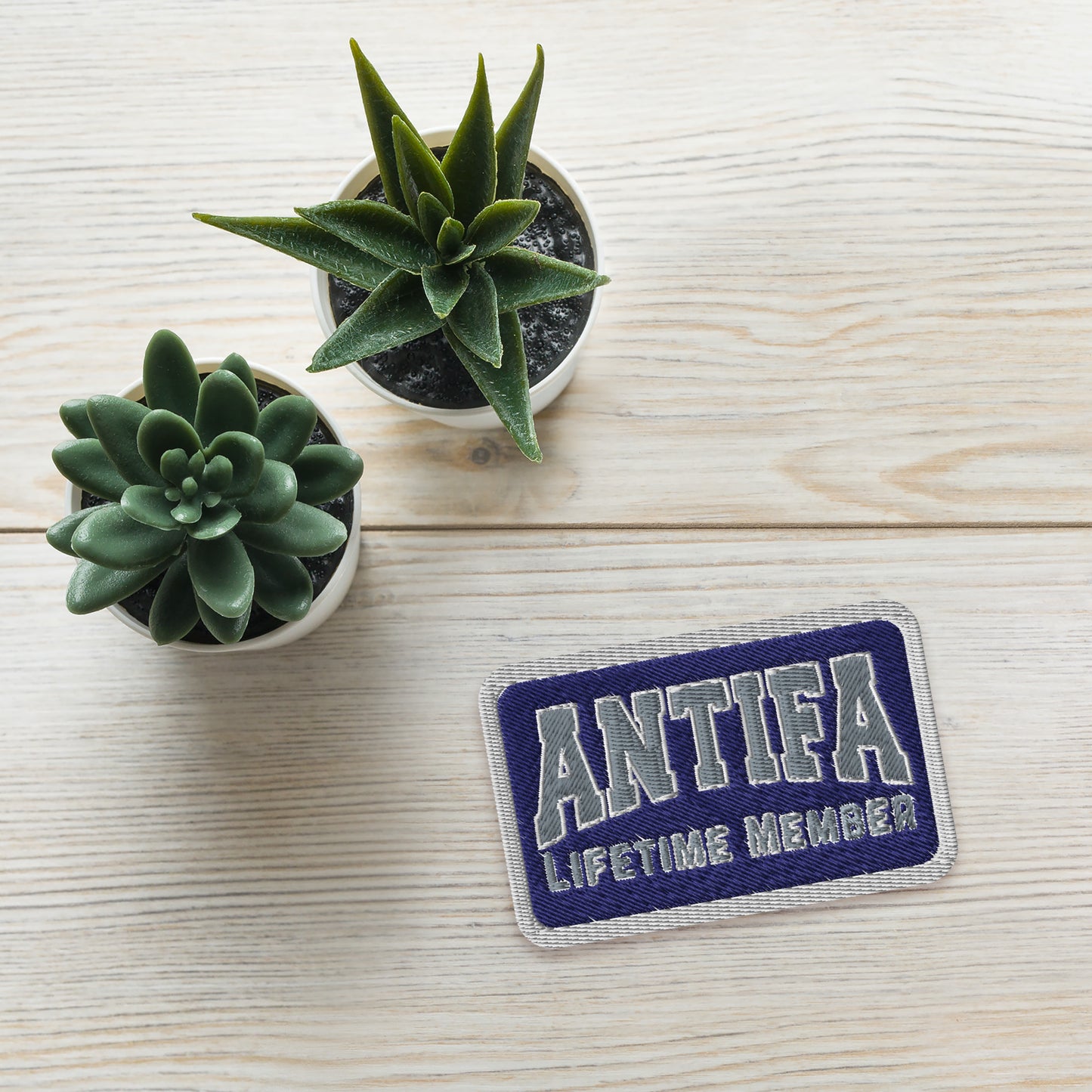 Antifa Lifetime Member Embroidered Iron-On Patch Spinsterly Co activist accessory in dark blue with iron-on backing