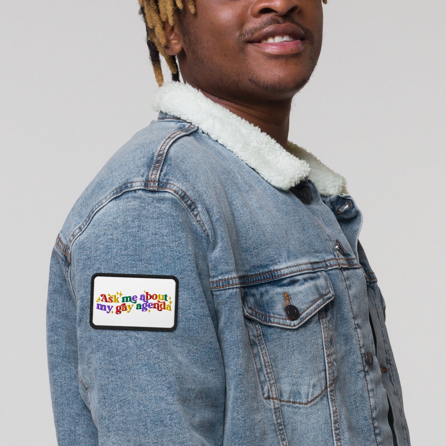 Ask Me About My Gay Agenda Embroidered Patch by Spinsterly Co, black 3 inch patch with conversation-style design