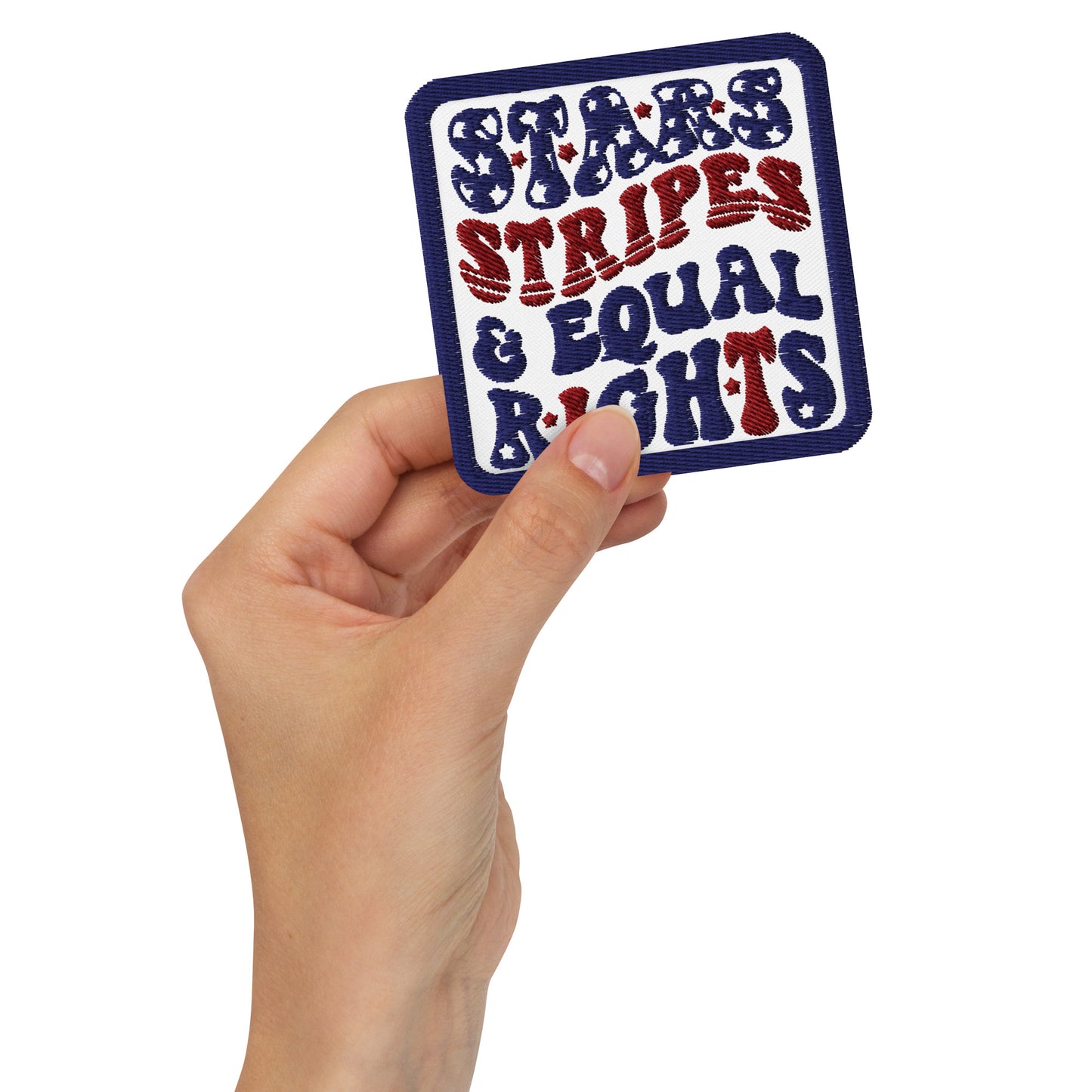 Stars, Stripes Equal Rights Embroidered Patch by Spinsterly Co in navy twill with stitched activist text