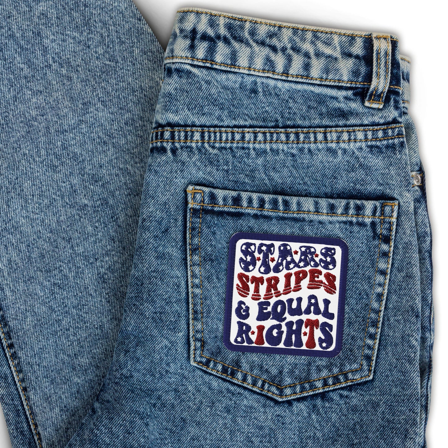 Stars, Stripes and Equal Rights Embroidered Patch by Spinsterly Co on blue denim jacket, twill patch