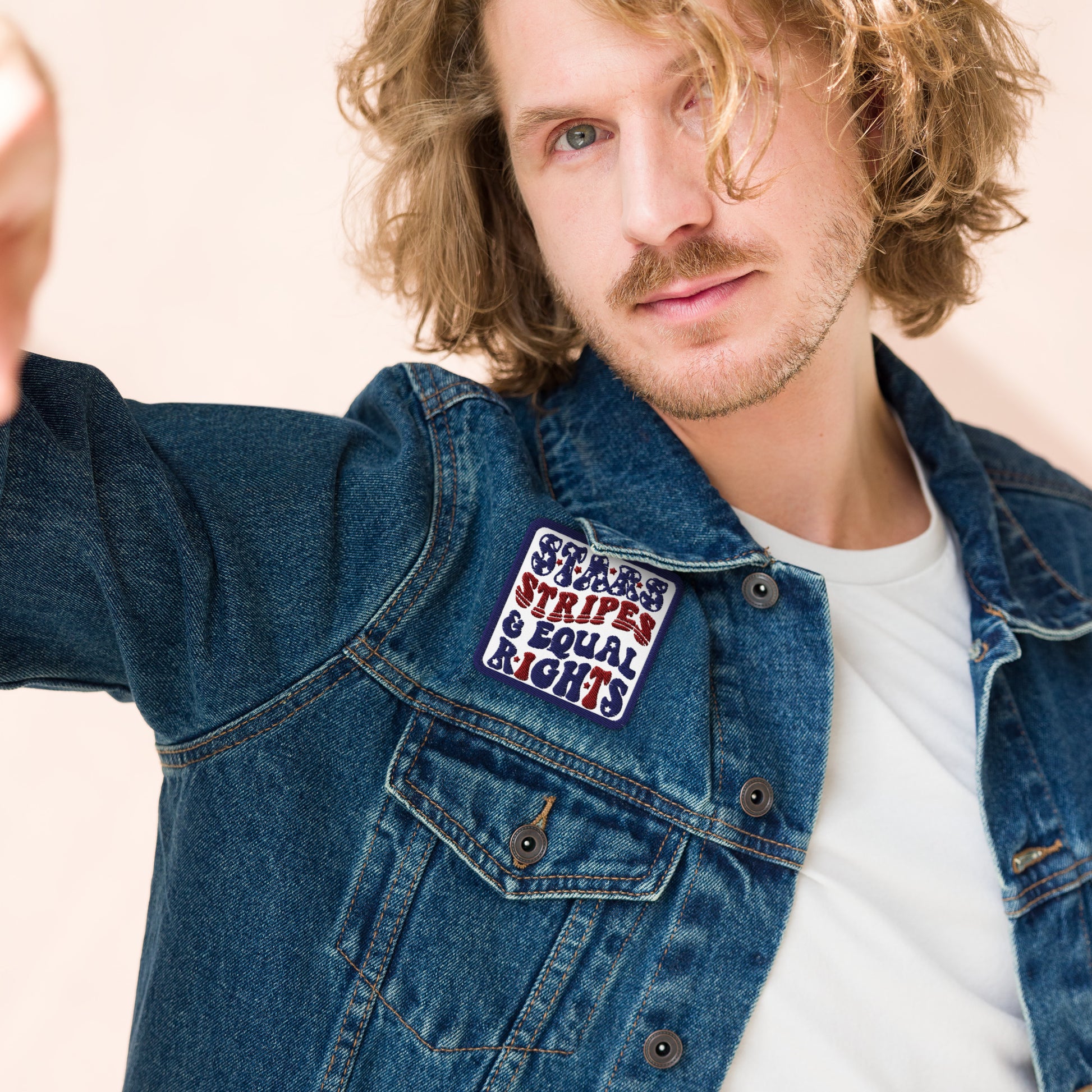 Stars, Stripes and Equal Rights Embroidered Patch by Spinsterly Co in navy and red on denim jacket