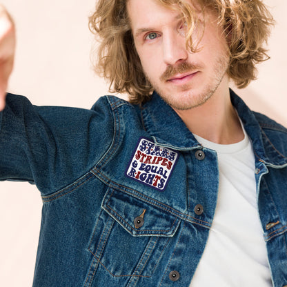Stars, Stripes and Equal Rights Embroidered Patch by Spinsterly Co in navy and red on denim jacket