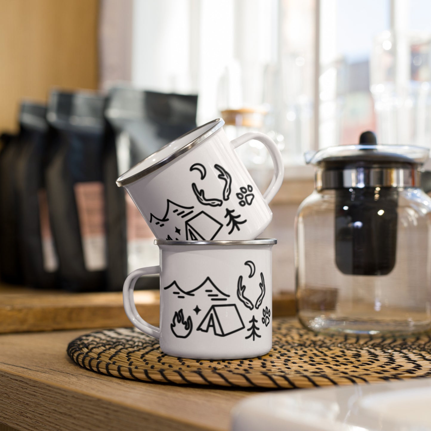 Camping Doodles Enamel Mug by Spinsterly Co with white enamel and hand-drawn campsite illustrations for hot drinks