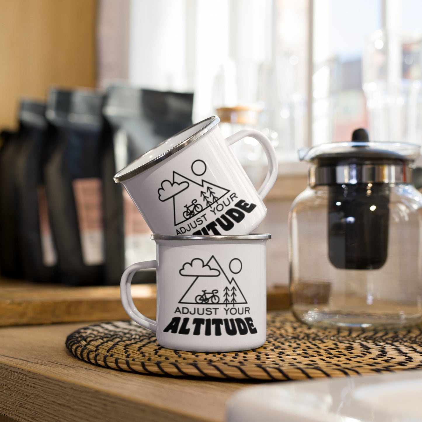 Adjust Your Altitude Enamel Mug Outdoor Adventure Mug by Spinsterly Co, white enamel with backpack clip