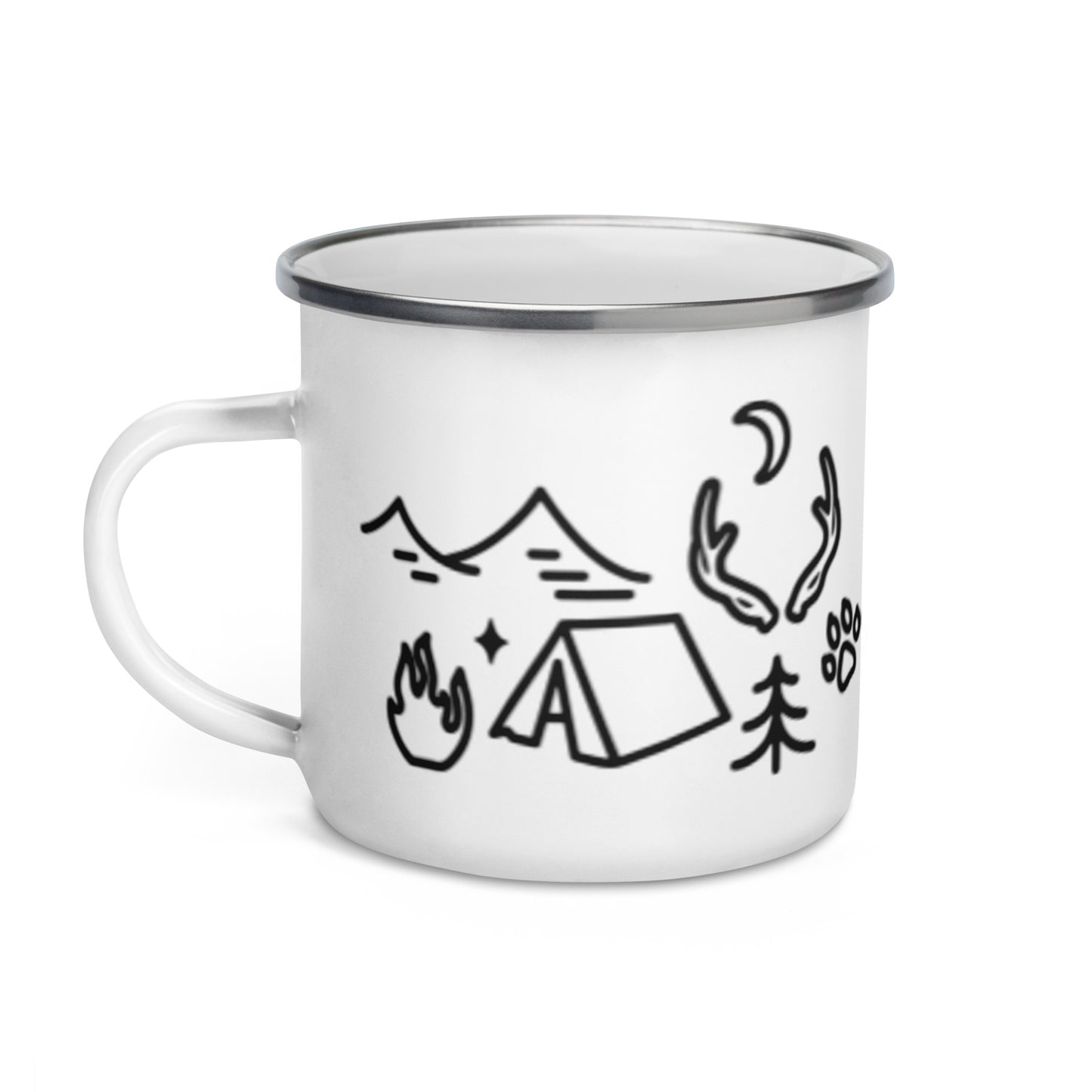 Camping Doodles Enamel Mug Spinsterly Co whimsical outdoor mug white enamel coating with hand-drawn campsite illustrations