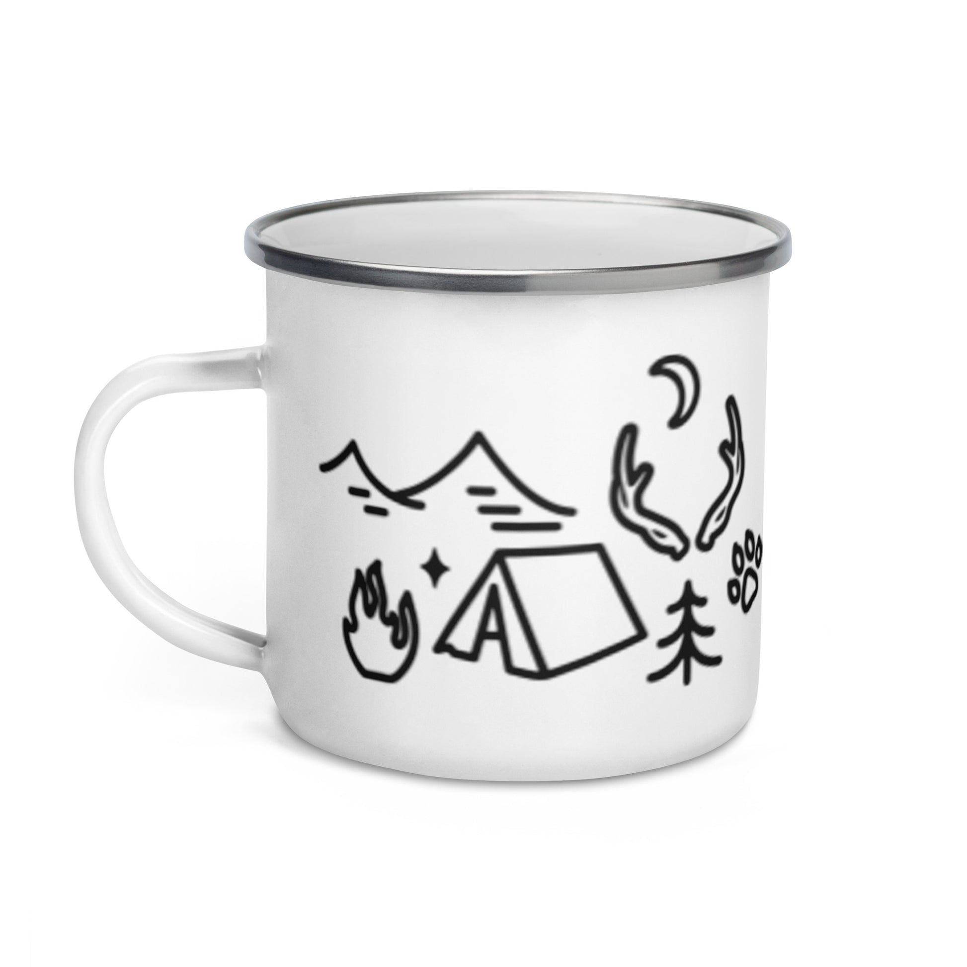 Camping Doodles Enamel Mug Spinsterly Co whimsical outdoor mug white enamel coating with hand-drawn campsite illustrations