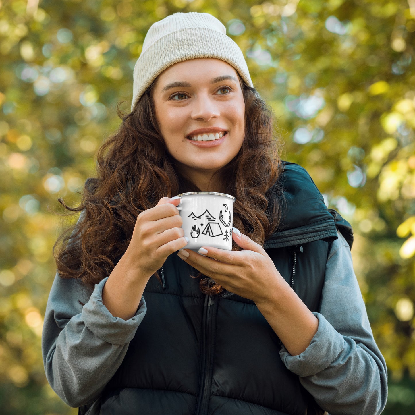 Camping Doodles Enamel Mug Spinsterly Co whimsical outdoor mug in white with hand-drawn campsite illustrations