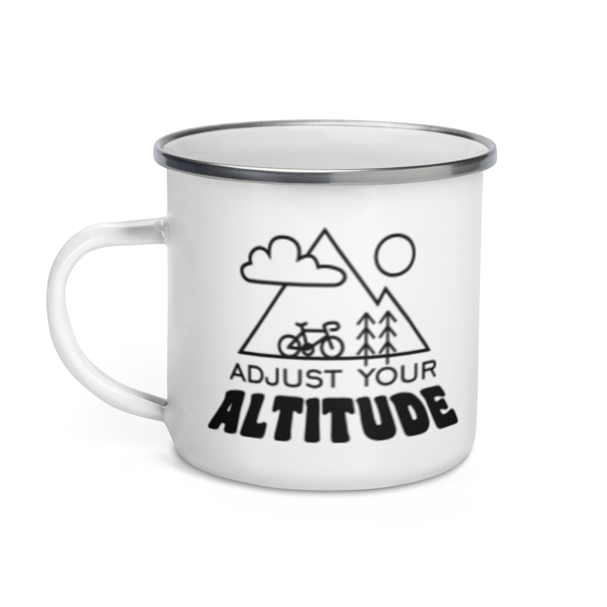 Adjust Your Altitude Enamel Mug Outdoor Adventure Mug Spinsterly Co white enamel mug with mountain biking design