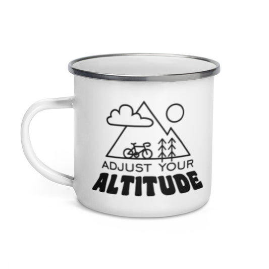 Adjust Your Altitude Enamel Mug Outdoor Adventure Mug Spinsterly Co white enamel mug with mountain biking design