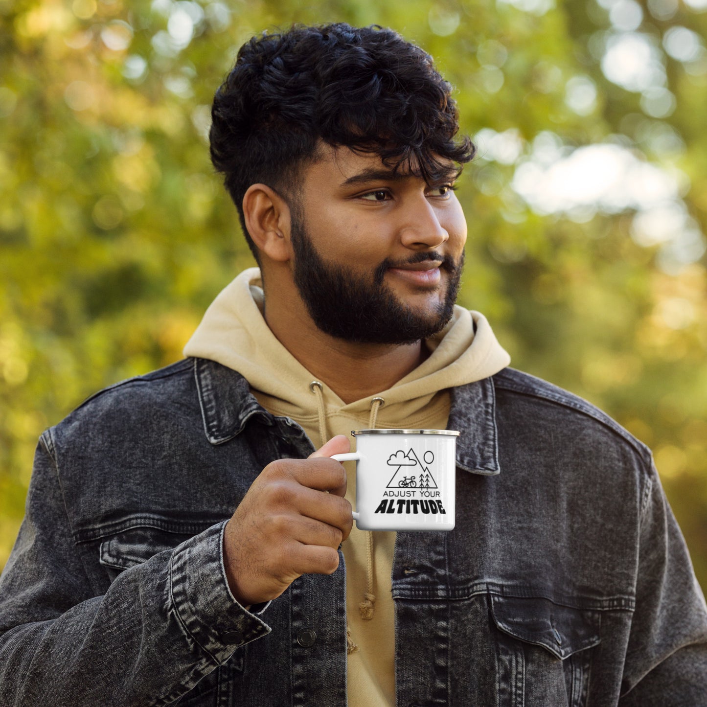 Adjust Your Altitude Enamel Mug Outdoor Adventure Mug by Spinsterly Co with white enamel finish and outdoor print