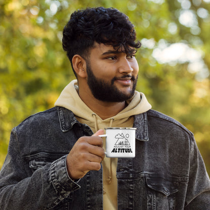 Adjust Your Altitude Enamel Mug Outdoor Adventure Mug by Spinsterly Co with white enamel finish and outdoor print
