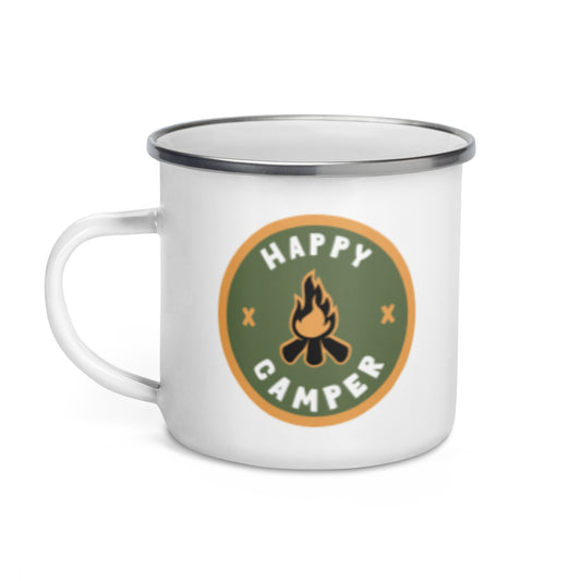 Happy Camper Enamel Mug Spinsterly Co retro campfire badge white enamel mug with lightweight construction
