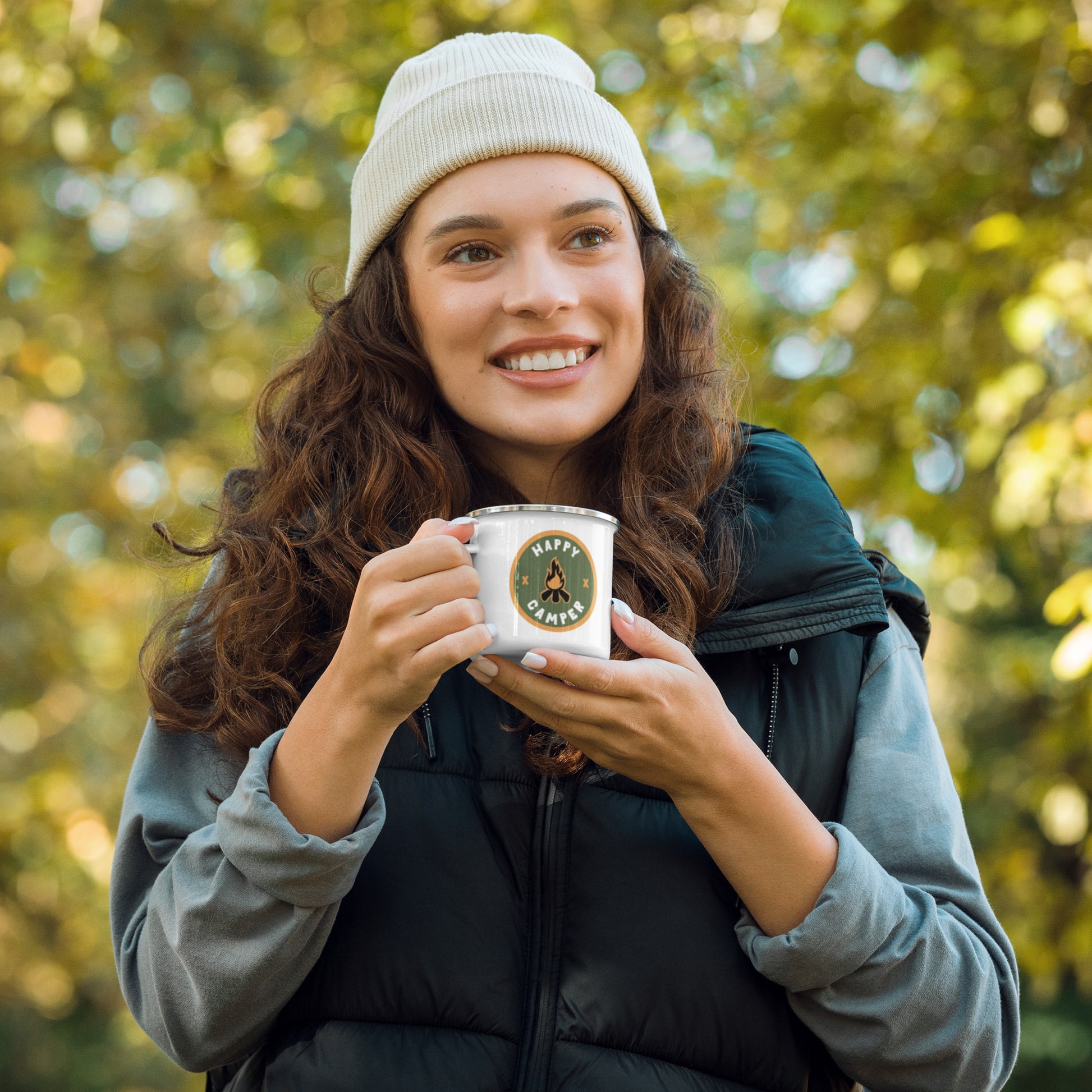 Happy Camper Enamel Mug Spinsterly Co retro campfire badge white enamel for camping and hiking use
