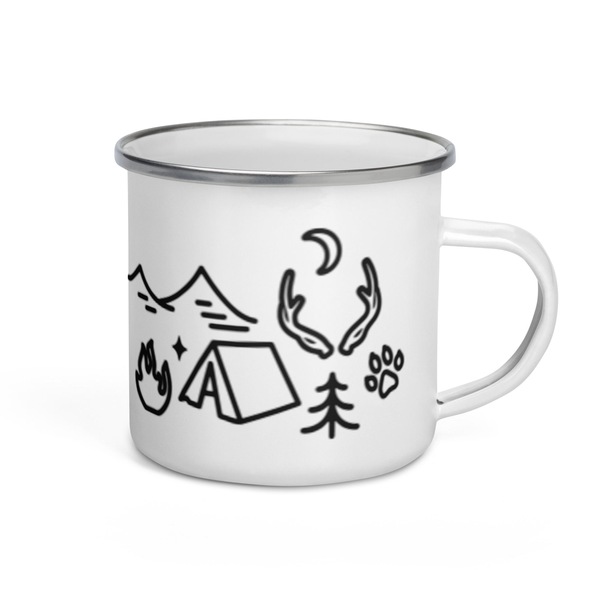 Camping Doodles Enamel Mug Whimsical Outdoor Mug by Spinsterly Co white enamel coating with hand-drawn campsite icons