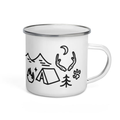 Camping Doodles Enamel Mug Whimsical Outdoor Mug by Spinsterly Co white enamel coating with hand-drawn campsite icons