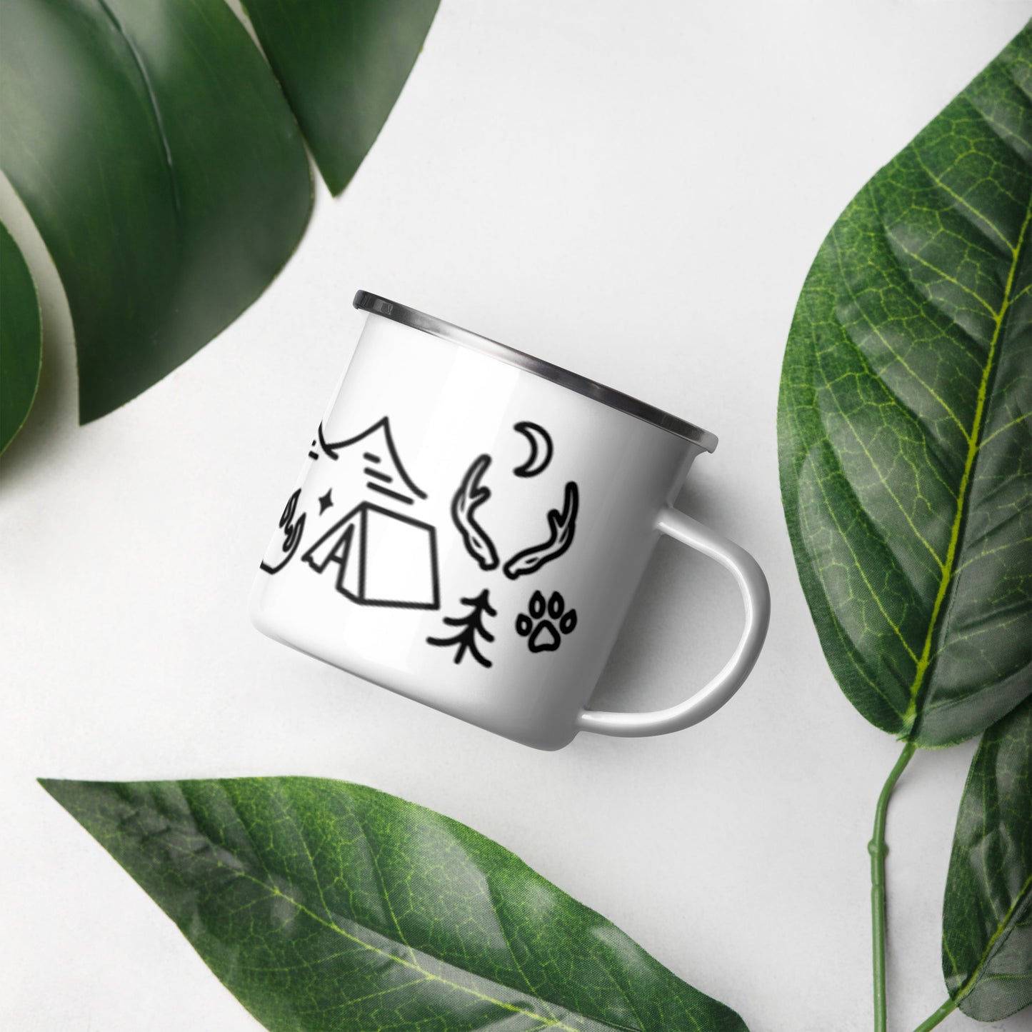 Camping Doodles Enamel Mug by Spinsterly Co, white enamel with hand drawn outdoor campsite illustrations