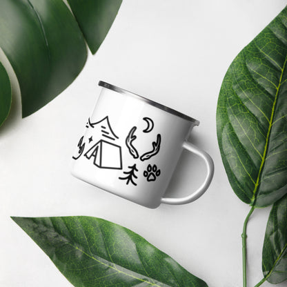 Camping Doodles Enamel Mug by Spinsterly Co, white enamel with hand drawn outdoor campsite illustrations