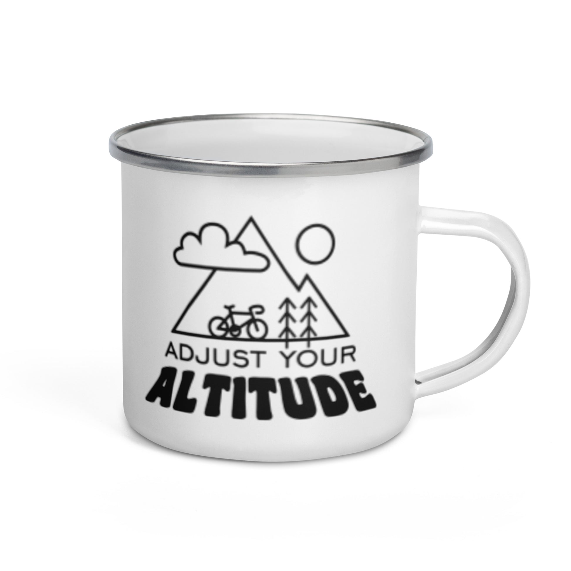 Adjust Your Altitude Enamel Mug by Spinsterly Co in white with enamel construction and outdoor camping use