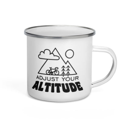 Adjust Your Altitude Enamel Mug by Spinsterly Co in white with enamel construction and outdoor camping use