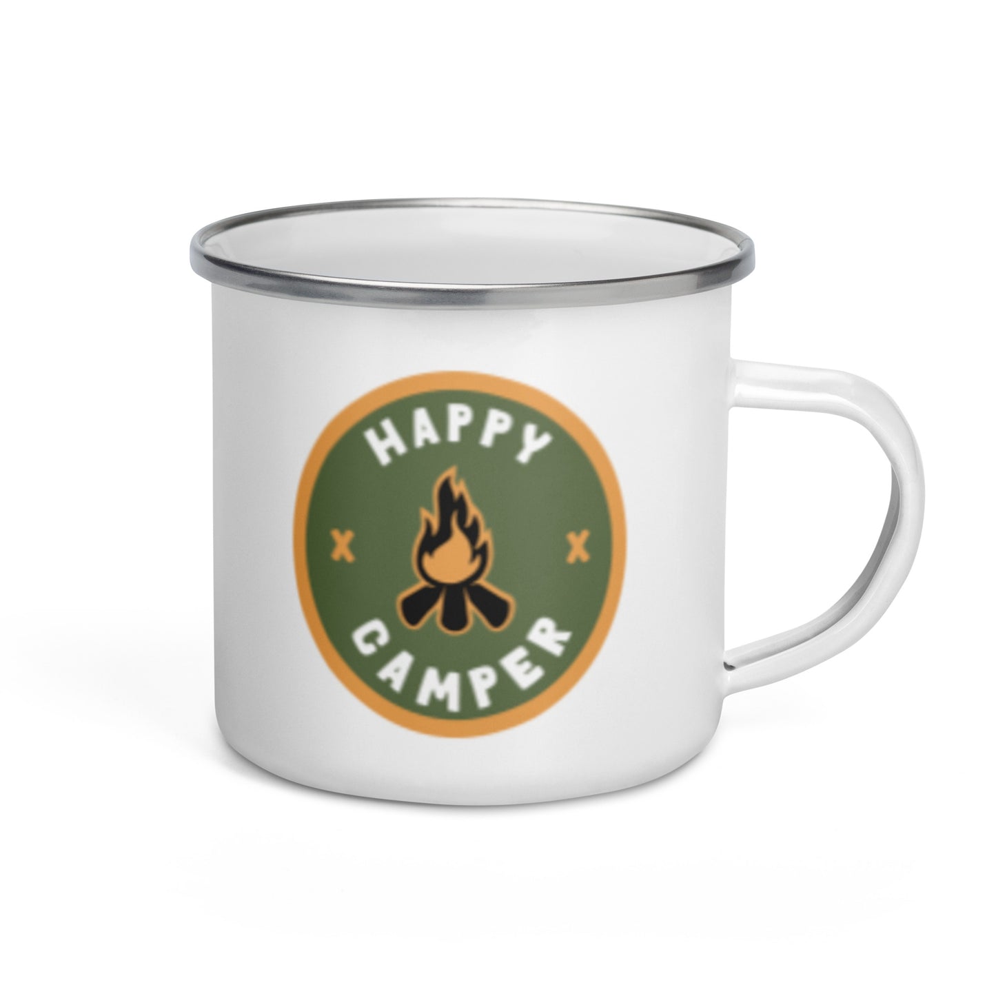 Happy Camper Enamel Mug Retro Campfire Badge by Spinsterly Co, white enamel with retro campfire graphic