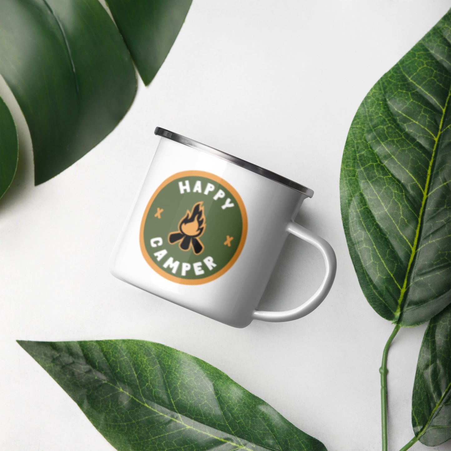 Happy Camper Enamel Mug Retro Campfire Badge by Spinsterly Co in white with retro campfire graphic design