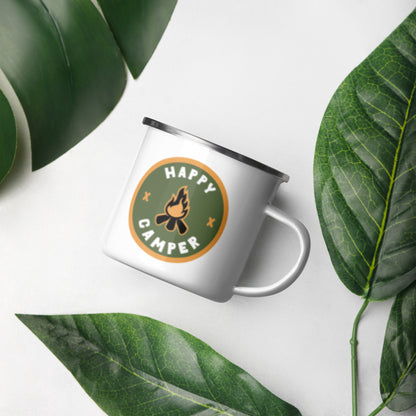 Happy Camper Enamel Mug Retro Campfire Badge by Spinsterly Co in white with retro campfire graphic design