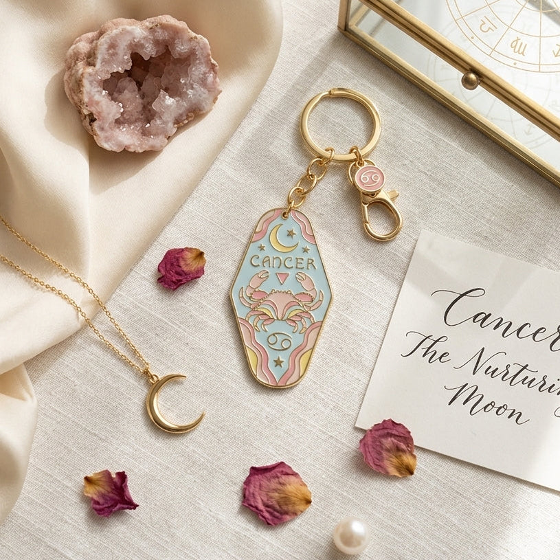A pastel acrylic keychain with a Cancer zodiac design and a gold keyring, styled on a cream fabric surface with a gold crescent moon necklace, a pink geode, dried rose petals, a pearl, and a card reading 'Cancer: The Nurturing Moon'.