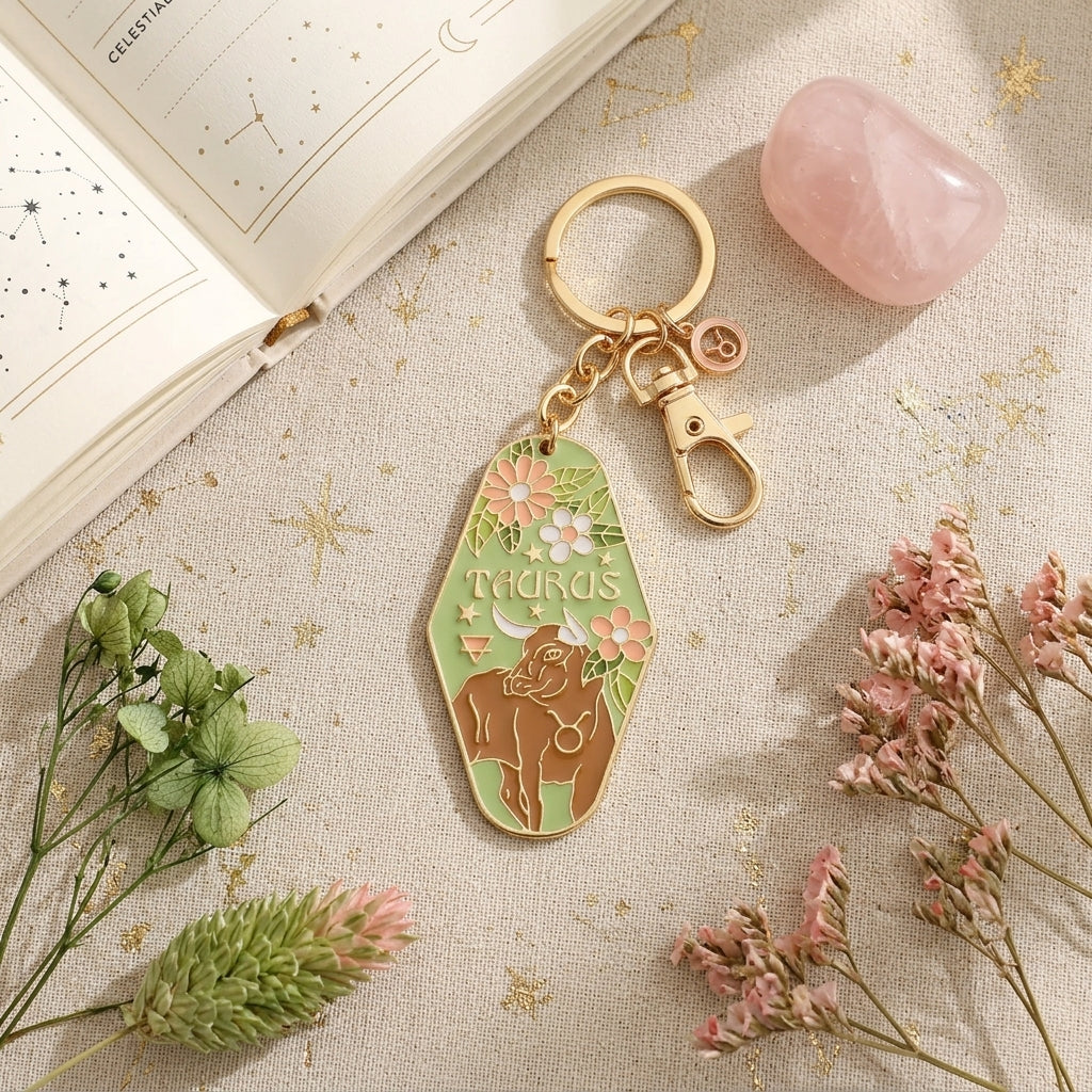 A decorative keychain with a gold-tone clasp and ring, featuring a green and brown cow illustration with the word 'TIDUS' and small floral accents, styled on a light fabric surface with an open book, pink crystal, and dried flowers.