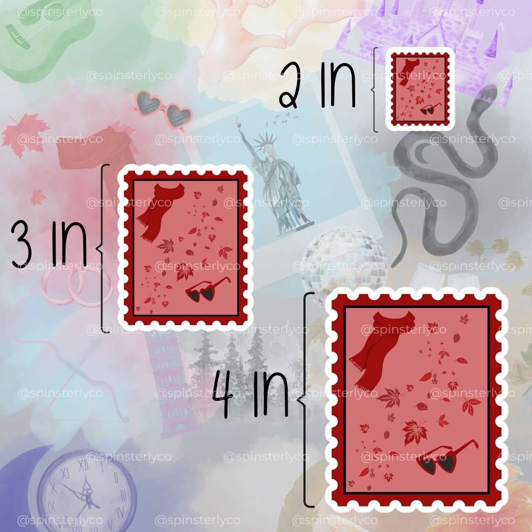 A digital preview showing two rectangular red fabric patches with a black and red abstract pattern, labeled 3 IN and 4 IN, plus a smaller matching patch labeled 2 IN. The background is a soft pastel collage with watercolor shapes and faint watermark text.