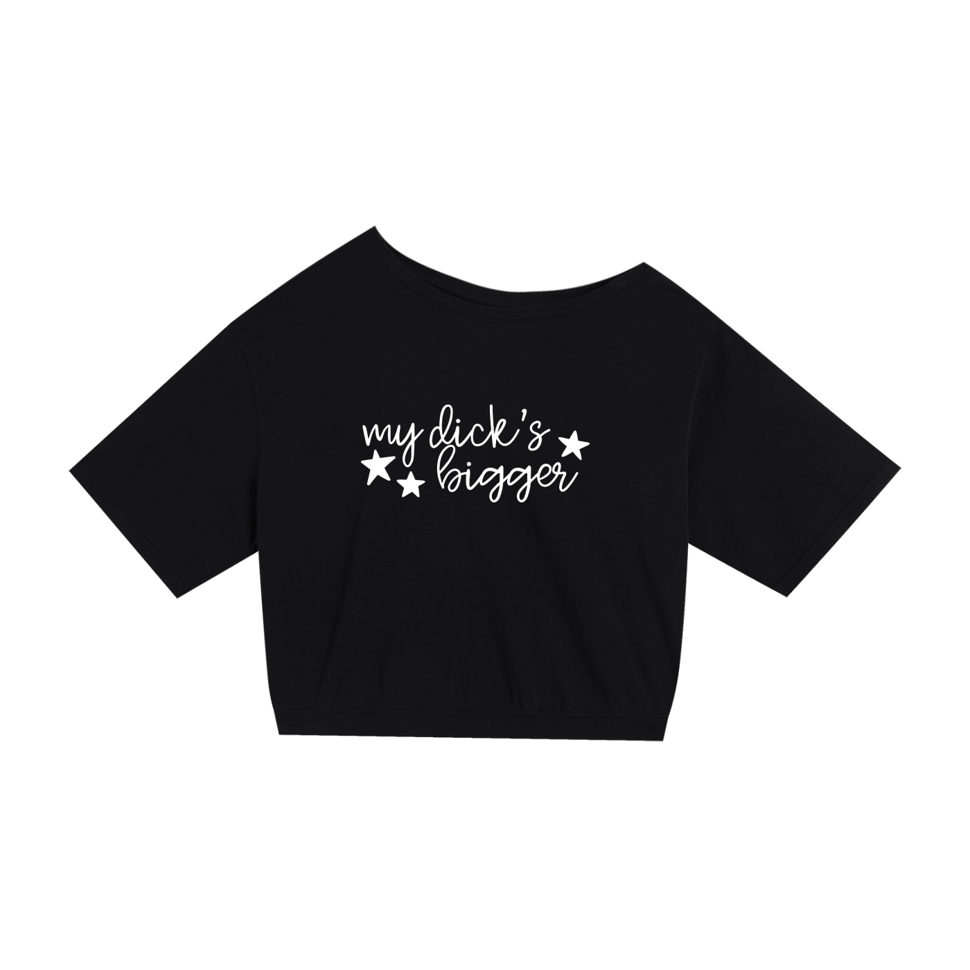 Flat lay front view of a black asymmetrical crop top t-shirt with a white printed design featuring hand drawn style stars and the phrase "my dick's bigger" 