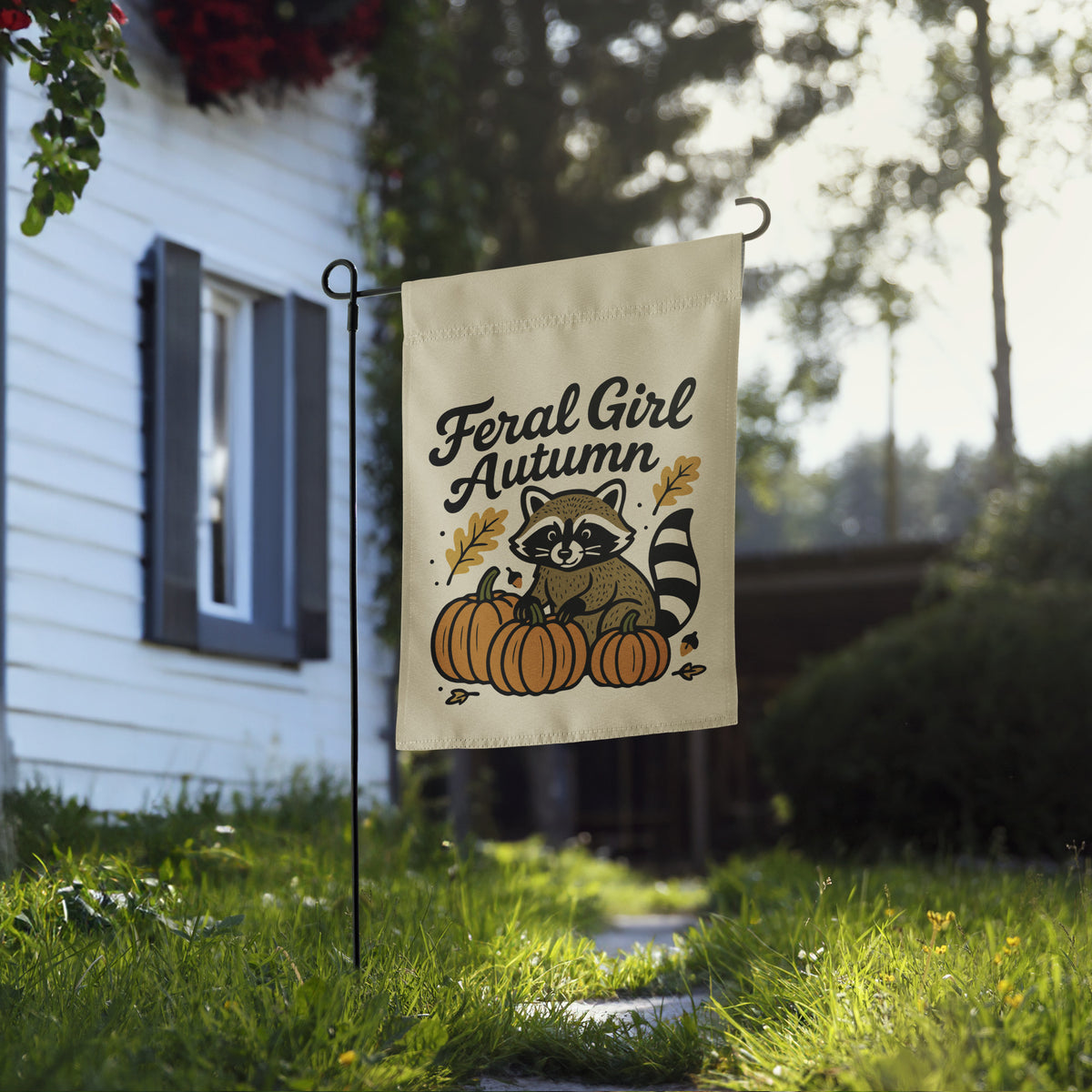 Feral Girl Autumn — Raccoon & Pumpkins Garden Flag | Double-Sided Fall Outdoor Decor - Spinsterly Co
