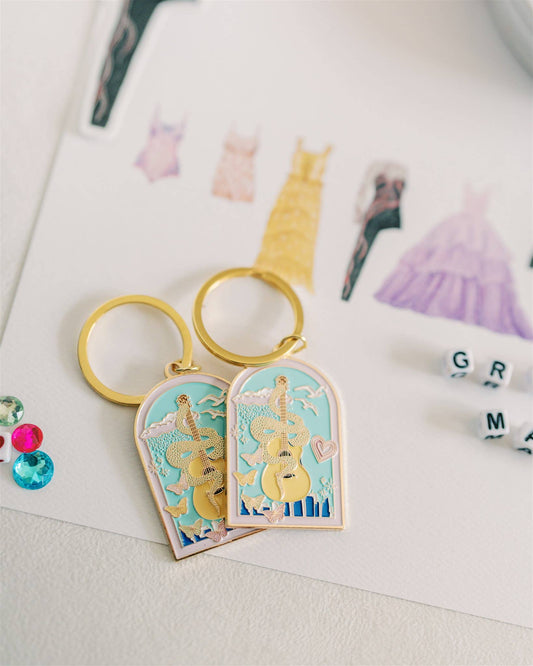 Music Icon Enamel Keychain Snake Guitar and Butterfly by Spinsterly Co in gold and turquoise with hard enamel