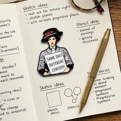 A styled flat-lay on a wooden table featuring a white planner or notebook with feminist-themed notes and illustrations, surrounded by a denim jacket with pins, coffee mugs, glasses, keys, and stickers, featuring an enamel pin of a suffragette with a sign that reads 'SAME SHIT DIFFERENT CENTURY'