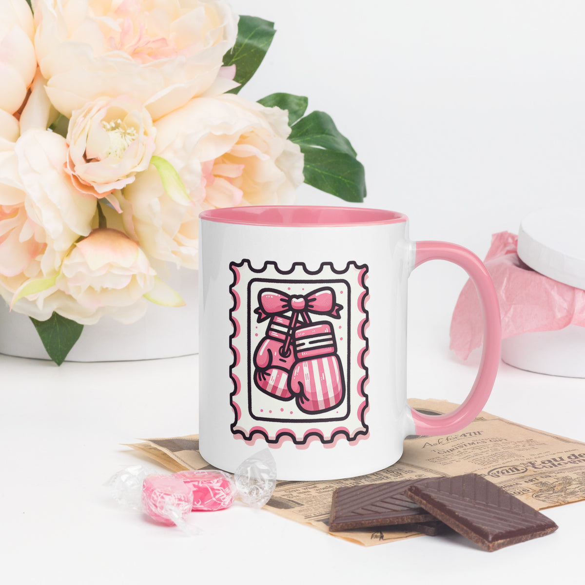 Pink Boxing Gloves Mug | Breast Cancer Warrior Coffee Mug with Pink Interior - Spinsterly Co