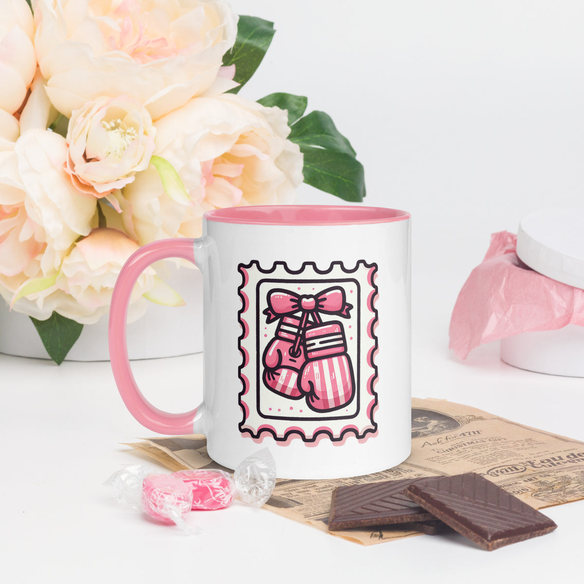 Pink Boxing Gloves Mug | Breast Cancer Warrior Coffee Mug with Pink Interior - Spinsterly Co