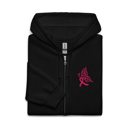 Breast Cancer Awareness Embroidered Zip Hoodie | Pink Butterfly Ribbon | Spinsterly Co - Spinsterly Co