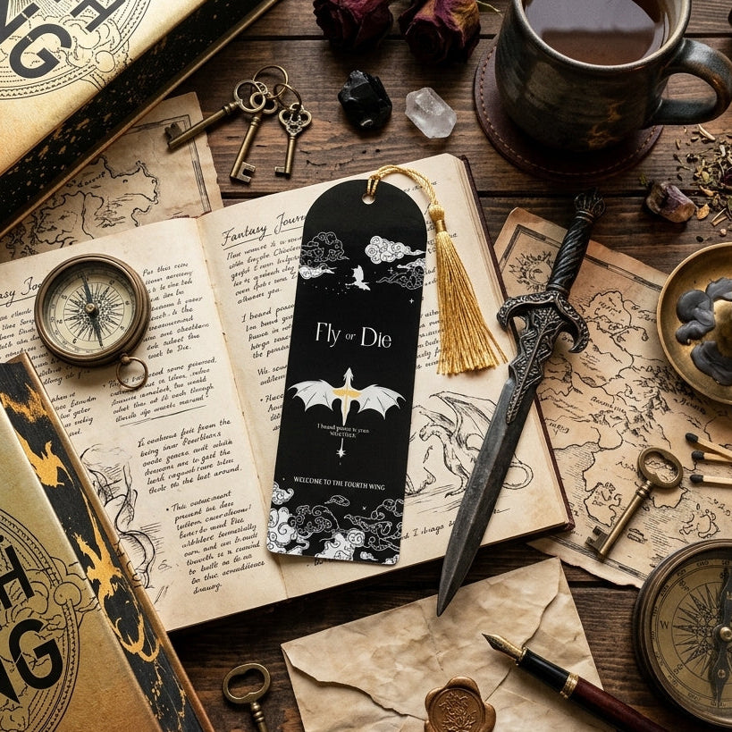 A styled flat-lay featuring a black bookmark with a gold tassel and dragon illustration, printed with the text 'Fly or Die'. The scene is surrounded by vintage props including a coffee cup, old keys, a compass, a dagger, a candle, and books on a wooden table.